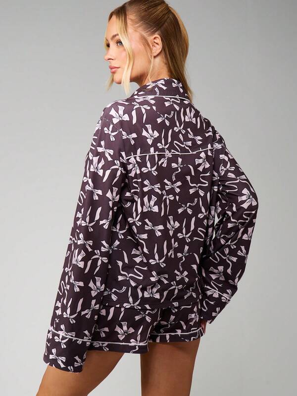 Missguided MISSGUIDED Bow Print Pajama Set With Button Front Shirt