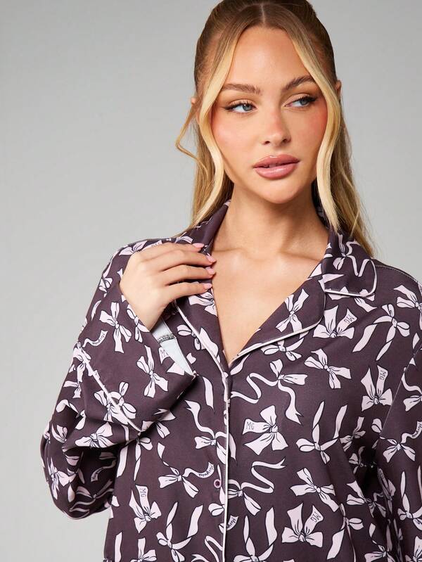 Missguided MISSGUIDED Bow Print Pajama Set With Button Front Shirt