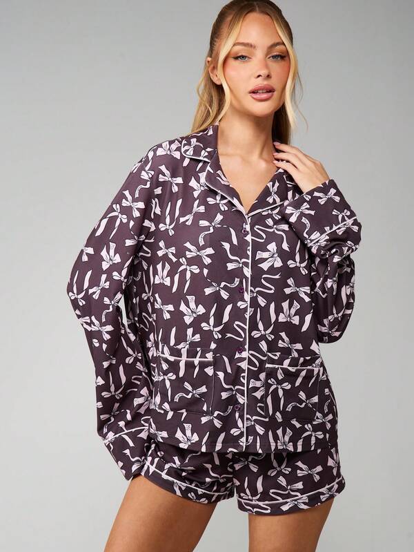 missguided MISSGUIDED Bow Print Pajama Set With Button Front Shirt
