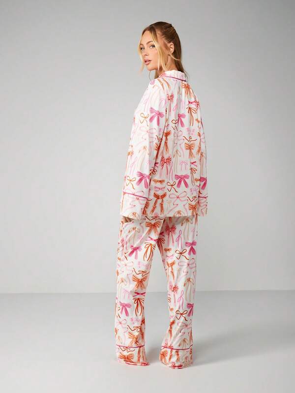 Missguided MISSGUIDED Bow Print Pajama Set With Button Top