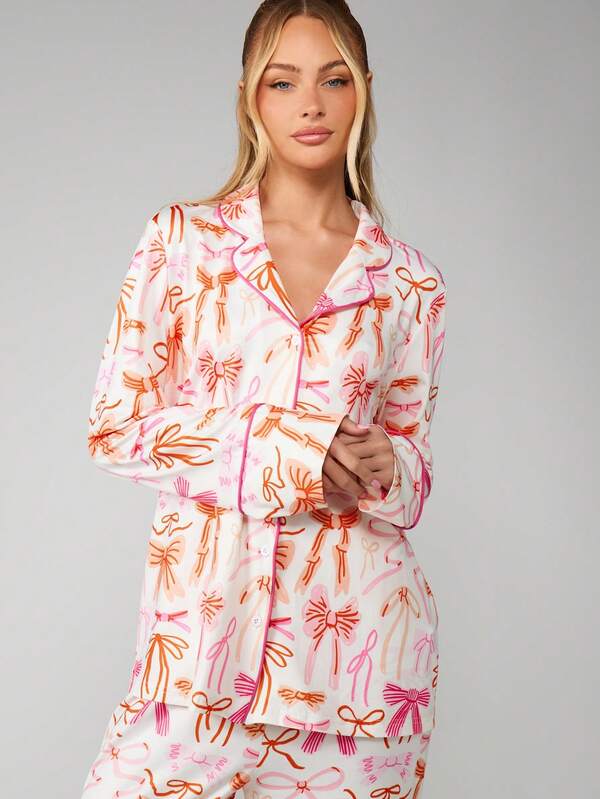 Missguided MISSGUIDED Bow Print Pajama Set With Button Top