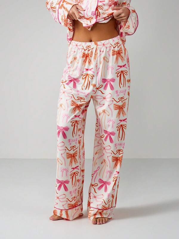Missguided MISSGUIDED Bow Print Pajama Set With Button Top