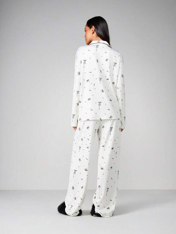 Missguided MISSGUIDED Bow Print Pajama Set With Button Up Shirt