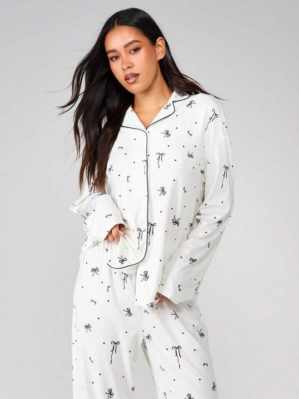 Missguided MISSGUIDED Bow Print Pajama Set With Button Up Shirt