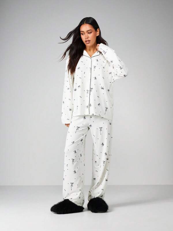 Missguided MISSGUIDED Bow Print Pajama Set With Button Up Shirt