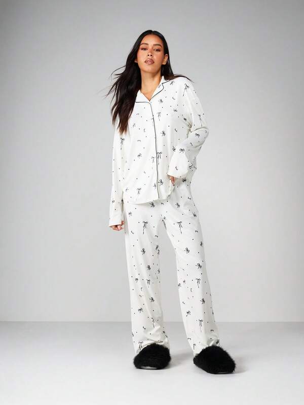 missguided MISSGUIDED Bow Print Pajama Set With Button Up Shirt