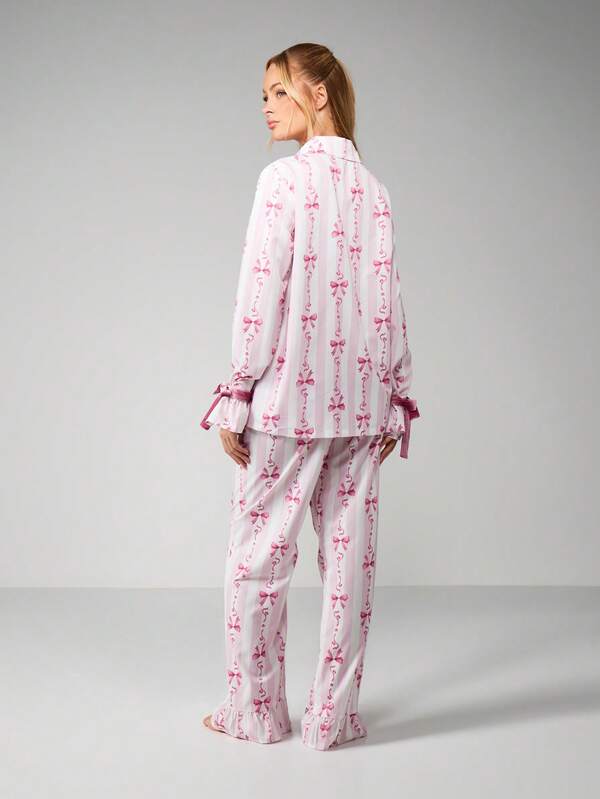 Missguided MISSGUIDED Bow Print Pajama Set With Button Up Top