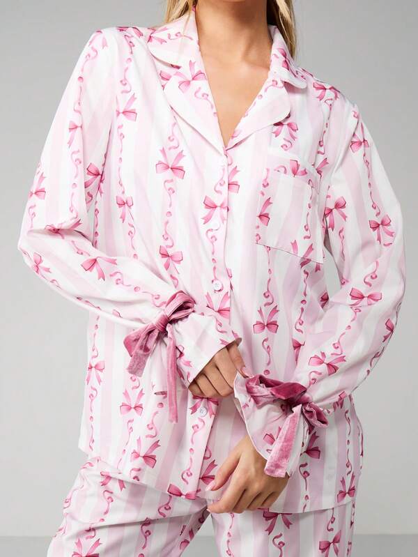 Missguided MISSGUIDED Bow Print Pajama Set With Button Up Top