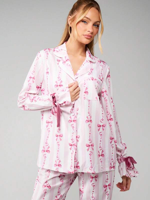 Missguided MISSGUIDED Bow Print Pajama Set With Button Up Top