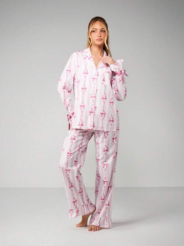 missguided MISSGUIDED Bow Print Pajama Set With Button Up Top
