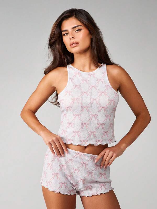 Missguided MISSGUIDED Bow Print Pointelle Knit Lounge Set With Ruffle Trim