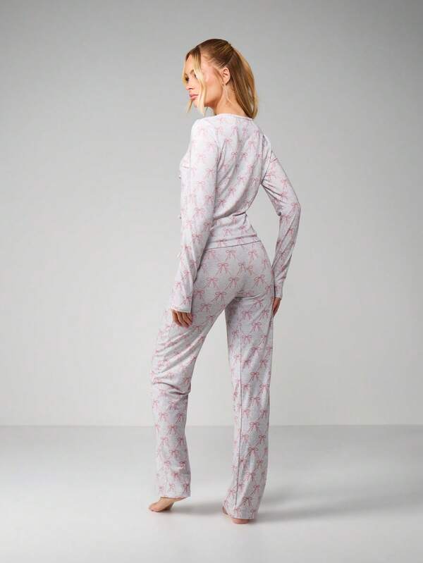 Missguided MISSGUIDED Bow Print Tie Front Lounge Set