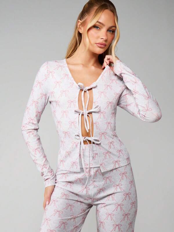 Missguided MISSGUIDED Bow Print Tie Front Lounge Set