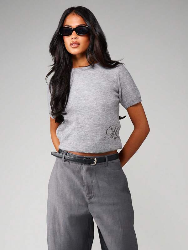 Missguided MISSGUIDED Boxy Knit Short Sleeve Top With Embroidery