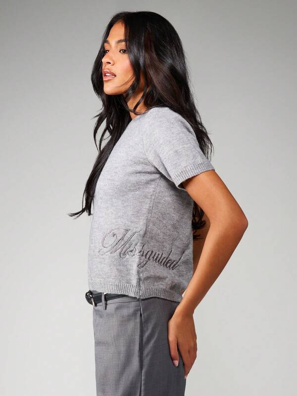 missguided MISSGUIDED Boxy Knit Short Sleeve Top With Embroidery