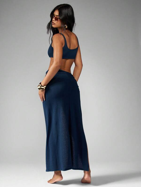 Missguided MISSGUIDED Bralette Ruched Knot Side Slit Maxi Skirt Two Piece Set
