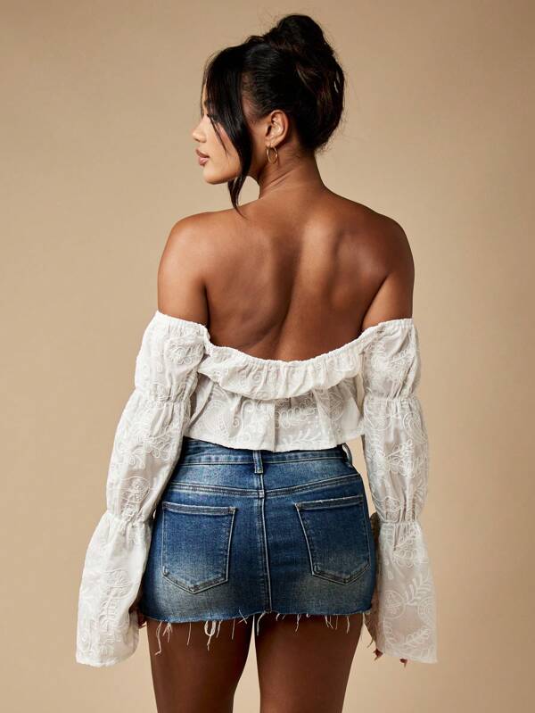 Missguided MISSGUIDED Broderie Anglaise Bardot Off Shoulder Puff Sleeve Boho Ruffle Peasant Crop Blouse