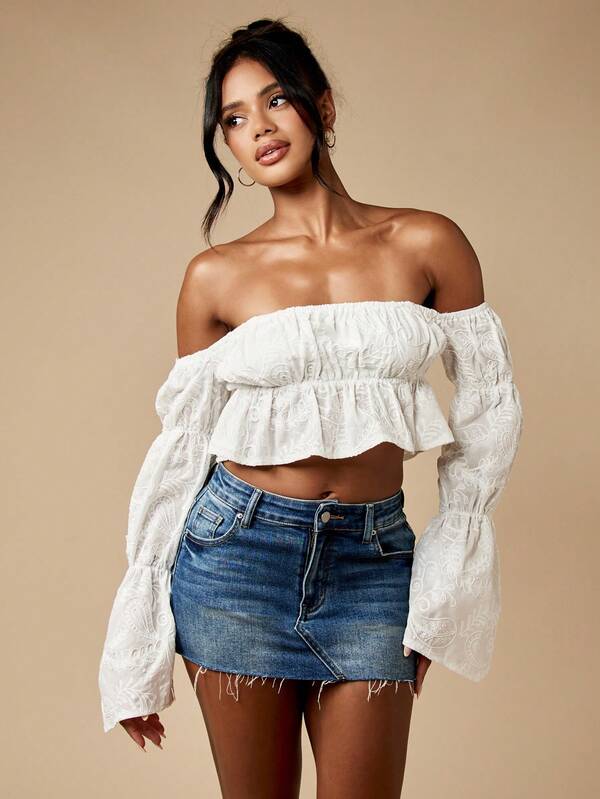 Missguided MISSGUIDED Broderie Anglaise Bardot Off Shoulder Puff Sleeve Boho Ruffle Peasant Crop Blouse