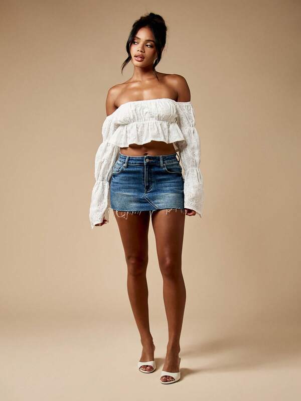 Missguided MISSGUIDED Broderie Anglaise Bardot Off Shoulder Puff Sleeve Boho Ruffle Peasant Crop Blouse