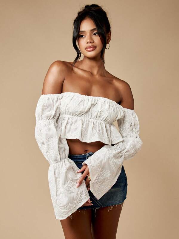 missguided MISSGUIDED Broderie Anglaise Bardot Off Shoulder Puff Sleeve Boho Ruffle Peasant Crop Blouse