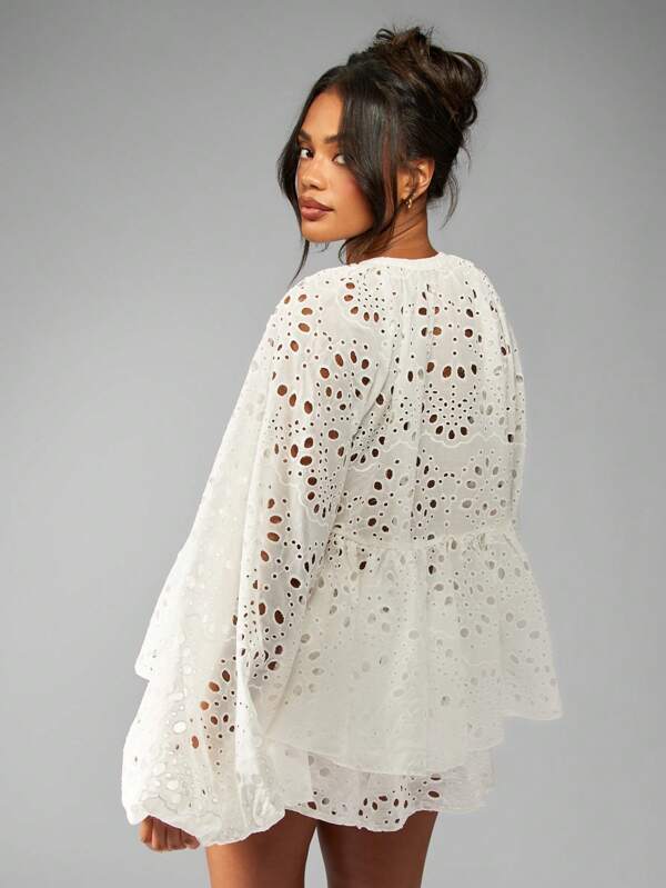 Missguided MISSGUIDED Broderie Anglaise Boho Two Piece Outfit With Balloon Sleeves And Drawstring Details