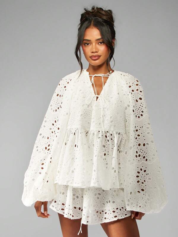 missguided MISSGUIDED Broderie Anglaise Boho Two Piece Outfit With Balloon Sleeves And Drawstring Details