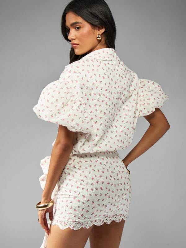 Missguided MISSGUIDED Broderie Anglaise Crop Top With Rosette Mini Skirt