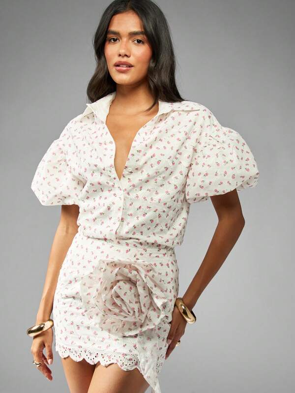 missguided MISSGUIDED Broderie Anglaise Crop Top With Rosette Mini Skirt