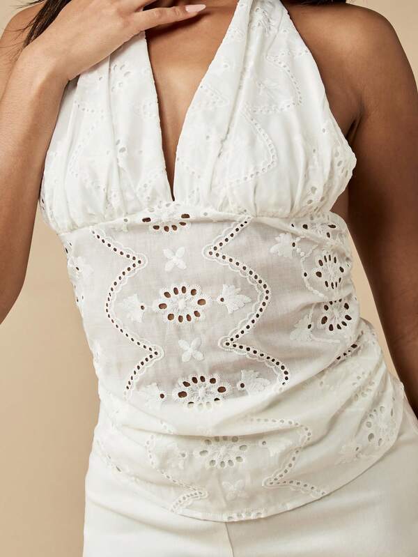 Missguided MISSGUIDED Broderie Anglaise Eyelet Floral Halter Camisole With Tie Back