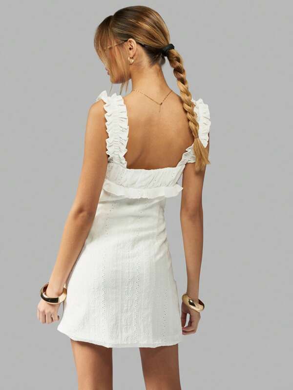 Missguided MISSGUIDED Broderie Anglaise Eyelet Mini Dress Ruffle Straps Adjustable Tie Front