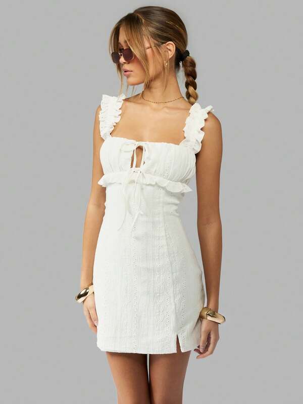 Missguided MISSGUIDED Broderie Anglaise Eyelet Mini Dress Ruffle Straps Adjustable Tie Front