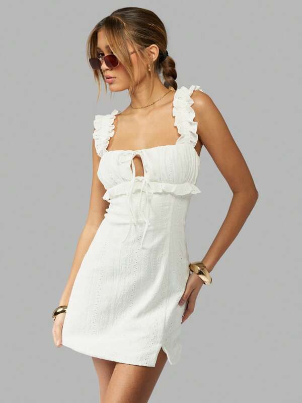 missguided MISSGUIDED Broderie Anglaise Eyelet Mini Dress Ruffle Straps Adjustable Tie Front