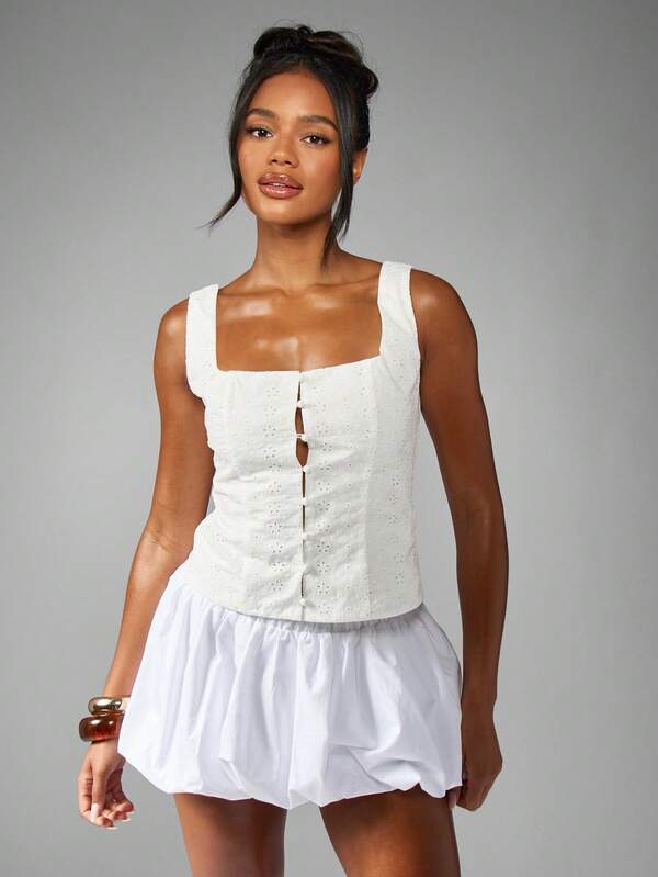 Missguided MISSGUIDED Broderie Anglaise Fitted Vest Top With Button Front Square Neck