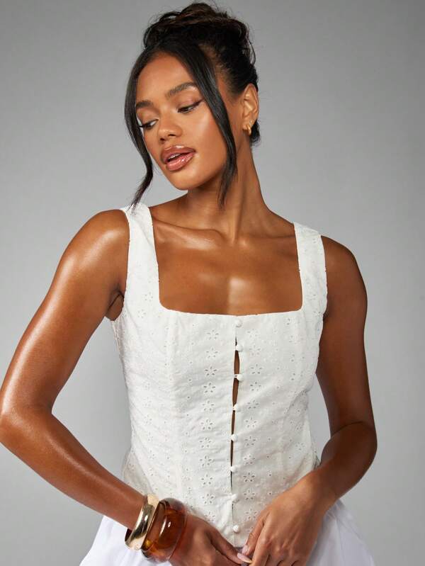 missguided MISSGUIDED Broderie Anglaise Fitted Vest Top With Button Front Square Neck