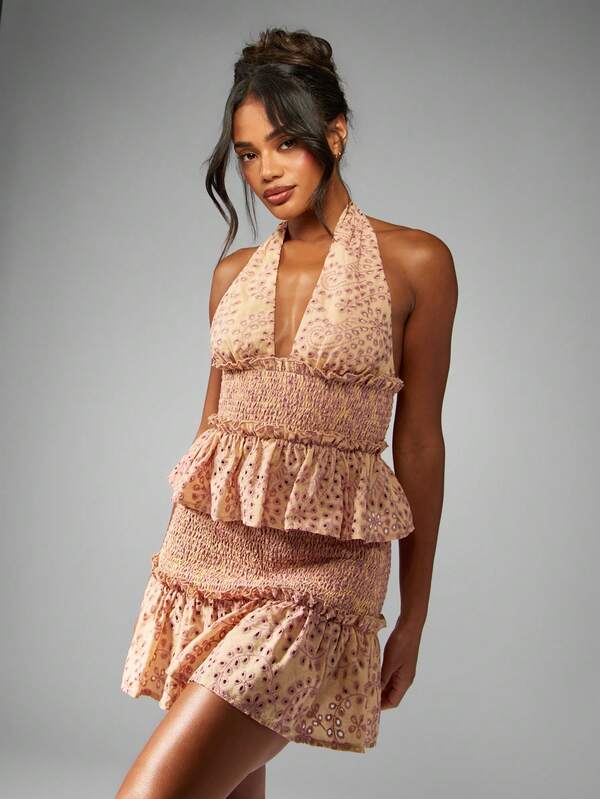 Missguided MISSGUIDED Broderie Anglaise Halter Neck Peplum Smocked Waist Ruffle Detail Top