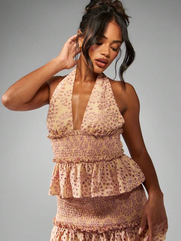missguided MISSGUIDED Broderie Anglaise Halter Neck Peplum Smocked Waist Ruffle Detail Top