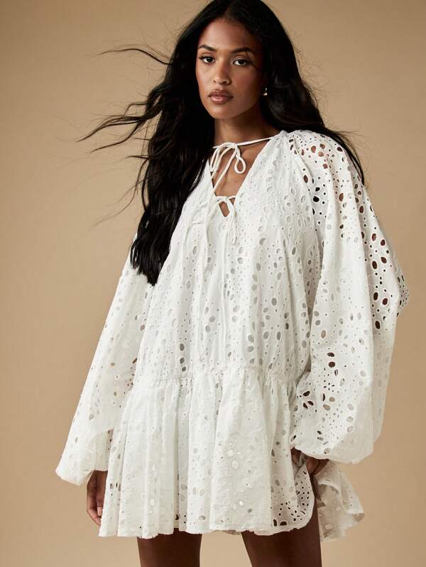 missguided MISSGUIDED Broderie Anglaise Lace Smocked Mini Dress With Balloon Sleeves