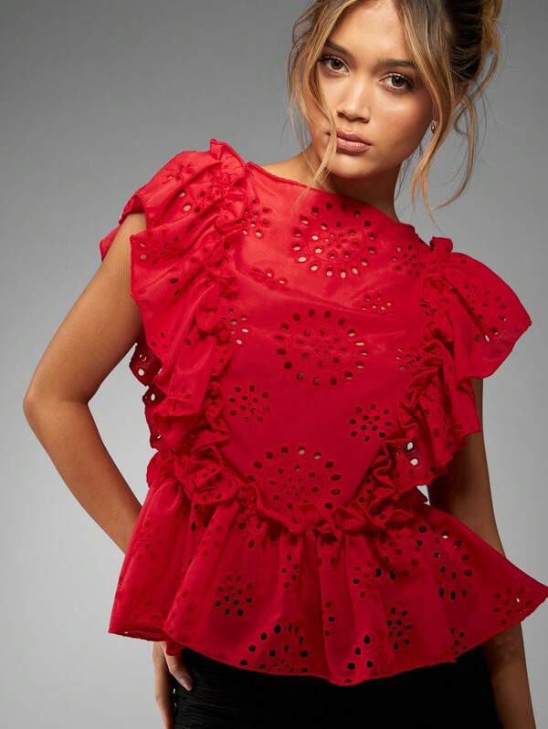 Missguided MISSGUIDED Broderie Anglaise Peplum Ruffle Sleeve Eyelet Lace Top