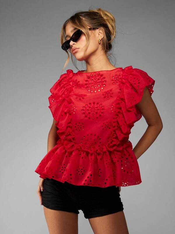 missguided MISSGUIDED Broderie Anglaise Peplum Ruffle Sleeve Eyelet Lace Top