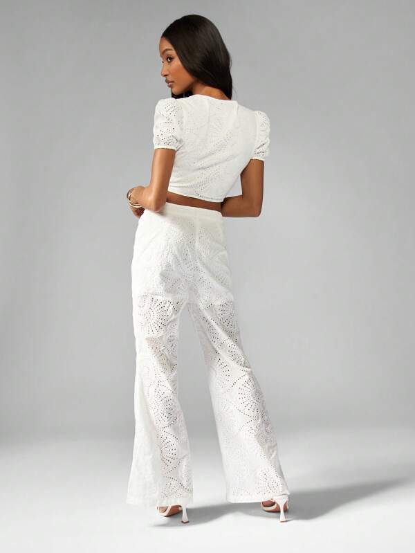 Missguided MISSGUIDED Broderie Anglaise Puff Sleeve Crop Top Wide Leg Pants Set