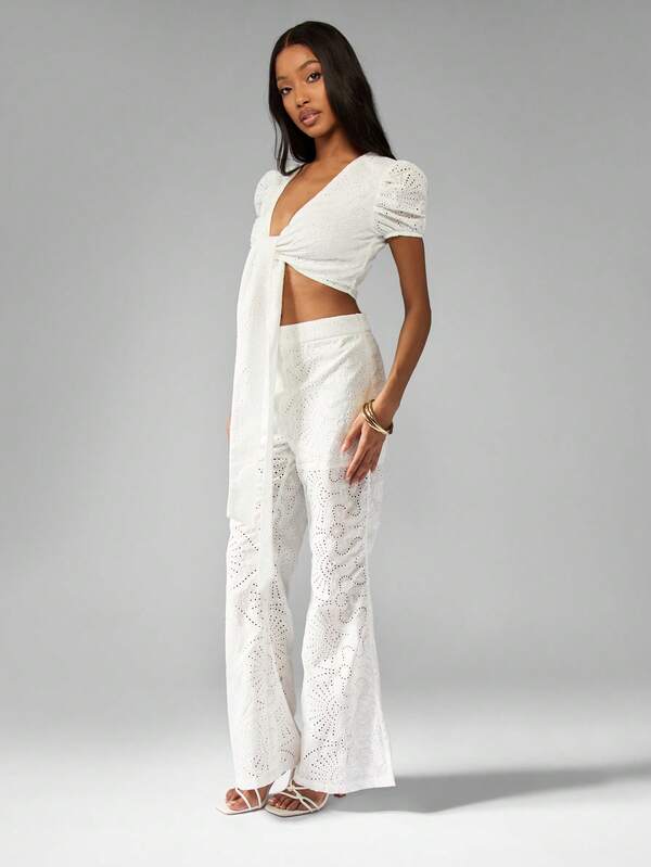 Missguided MISSGUIDED Broderie Anglaise Puff Sleeve Crop Top Wide Leg Pants Set