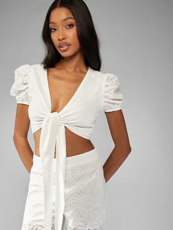 Missguided MISSGUIDED Broderie Anglaise Puff Sleeve Crop Top Wide Leg Pants Set