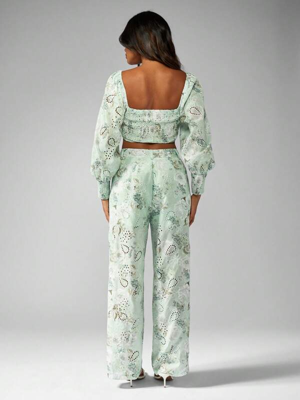 Missguided MISSGUIDED Broderie Anglaise Puff Sleeve Crop Top Wide Leg Pants Set