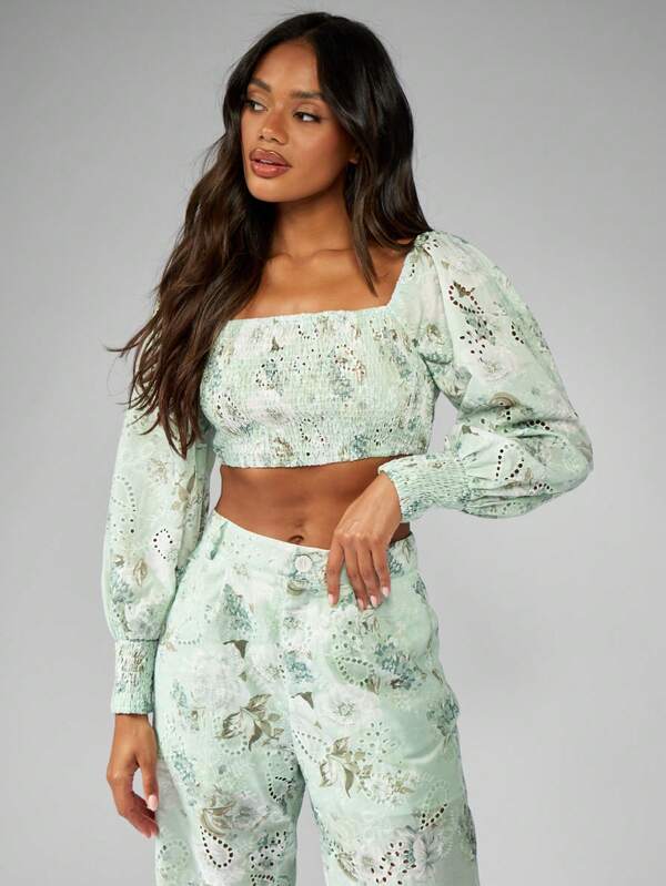 Missguided MISSGUIDED Broderie Anglaise Puff Sleeve Crop Top Wide Leg Pants Set