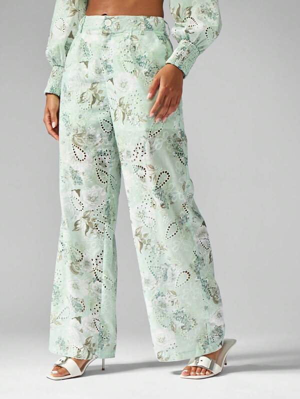 Missguided MISSGUIDED Broderie Anglaise Puff Sleeve Crop Top Wide Leg Pants Set