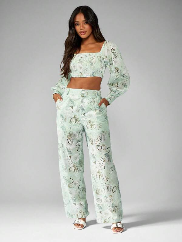 missguided MISSGUIDED Broderie Anglaise Puff Sleeve Crop Top Wide Leg Pants Set