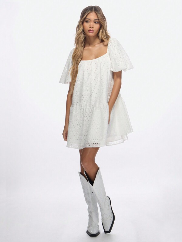 Missguided MISSGUIDED Broderie Anglaise Puff Sleeve Smock Mini Dress With Tie Back Detail
