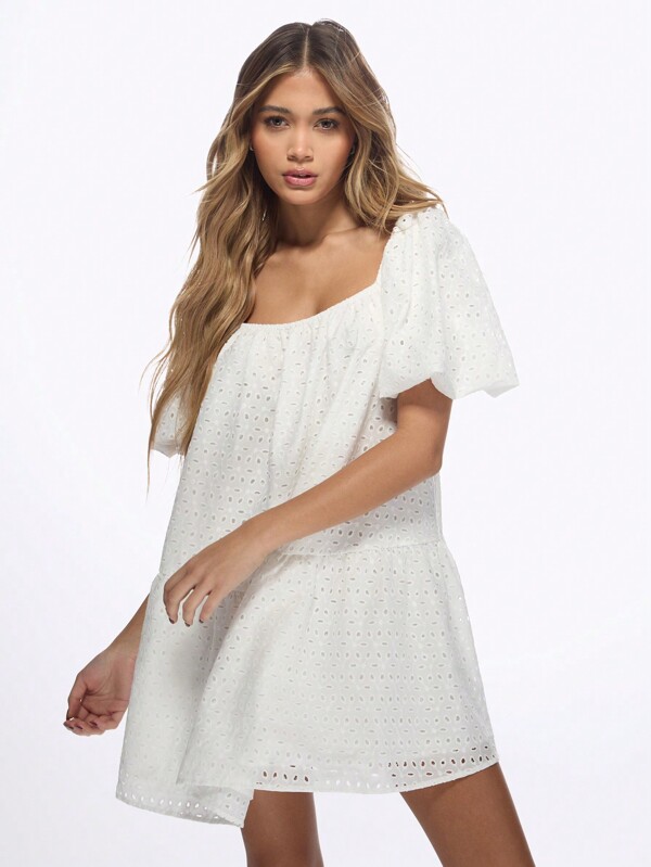 missguided MISSGUIDED Broderie Anglaise Puff Sleeve Smock Mini Dress With Tie Back Detail