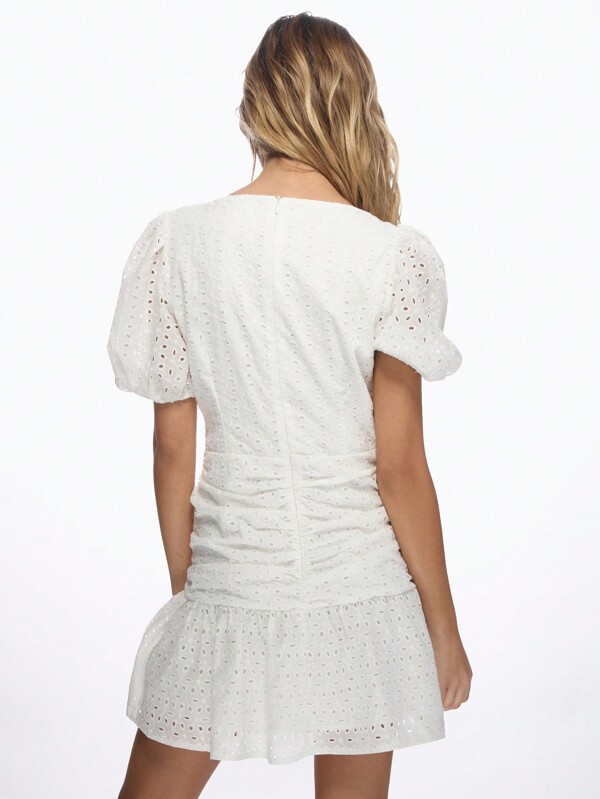 Missguided MISSGUIDED Broderie Anglaise Puff Sleeve Wrap Ruched Waist Mini Dress