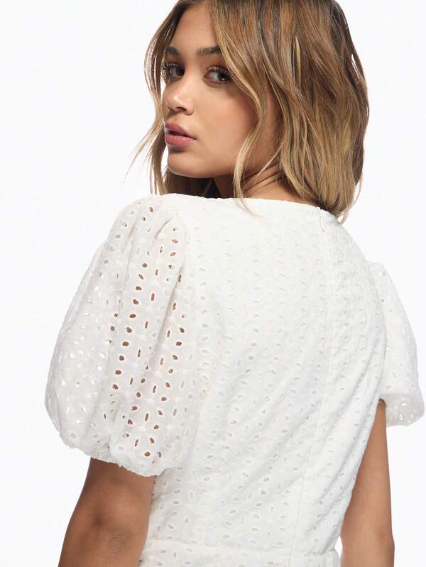 Missguided MISSGUIDED Broderie Anglaise Puff Sleeve Wrap Ruched Waist Mini Dress